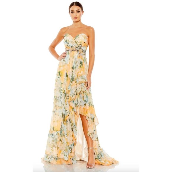 mac duggal strapless asymmetrical maxi dress Black Ruffled One Shoulder Asymmetrical Gown main image 0